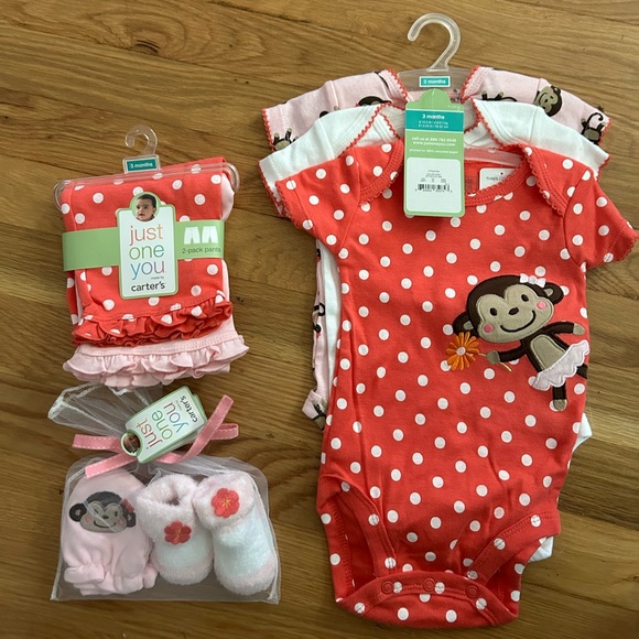 3 New Baby Girl Items, onesies, pants, shoes, hand mitts all go together 3months - Picture 2 of 8